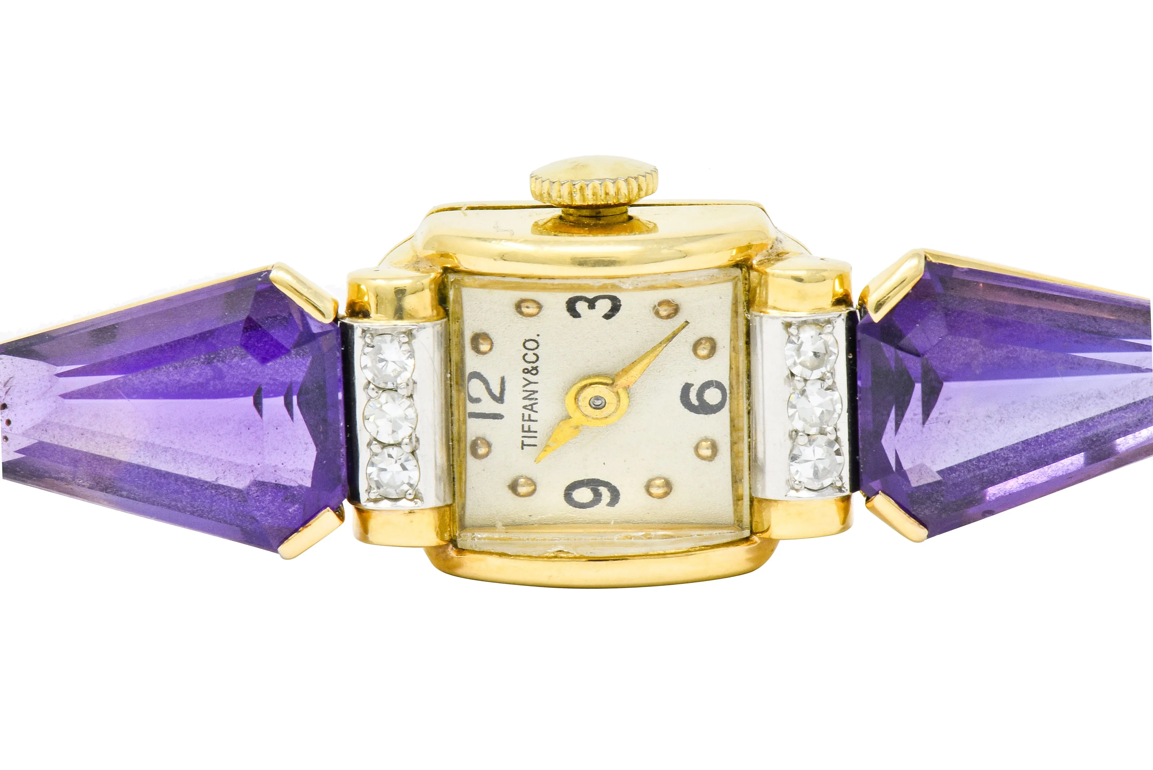 Tiffany & Co. Retro Amethyst Diamond 14 Karat Gold Watch Bracelet