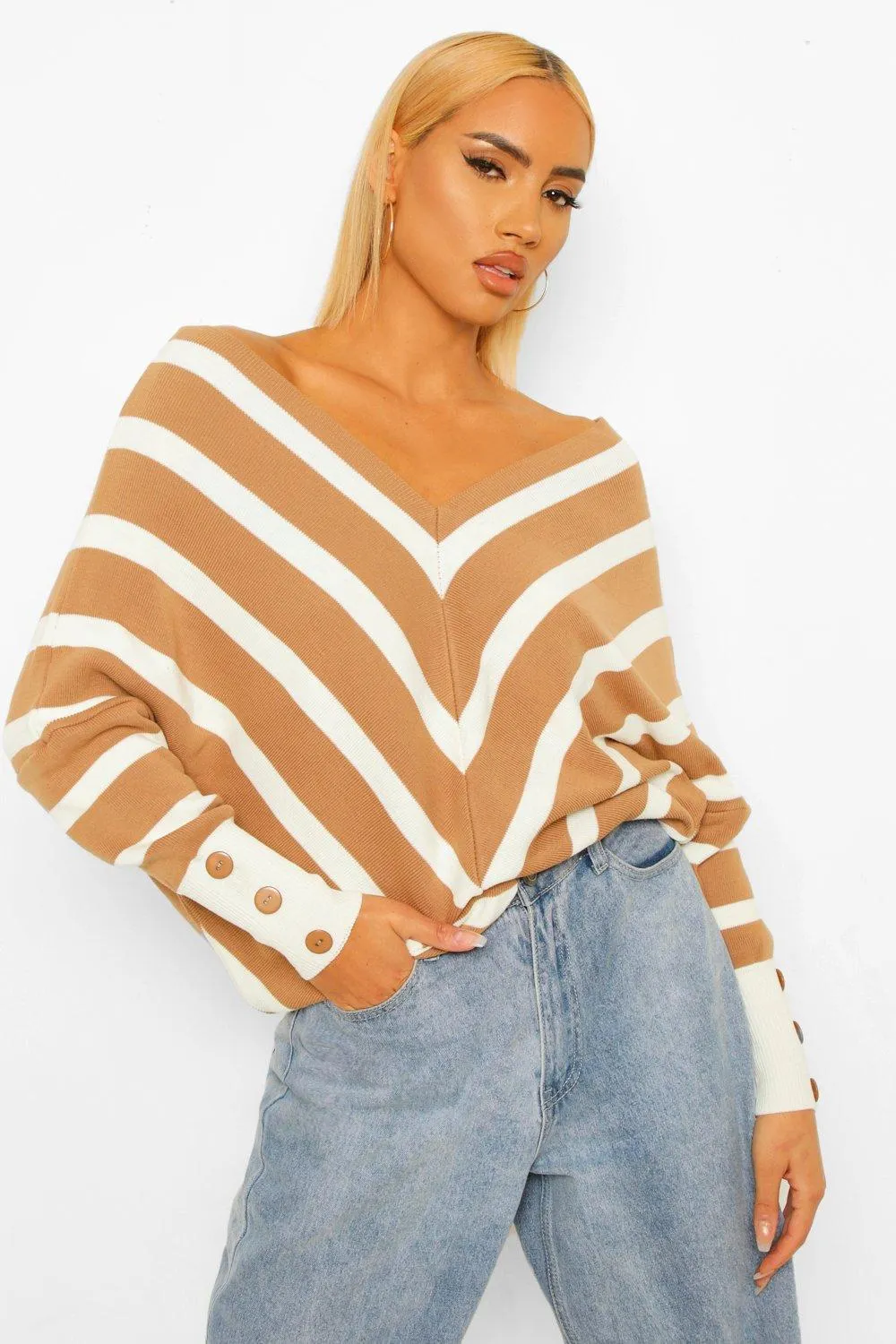 V Neck Stripped Fine Knitted Sweater