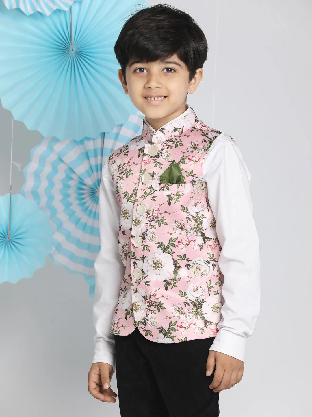 Vastramay Boys Multicolor-Base-Pink Nehru Jacket