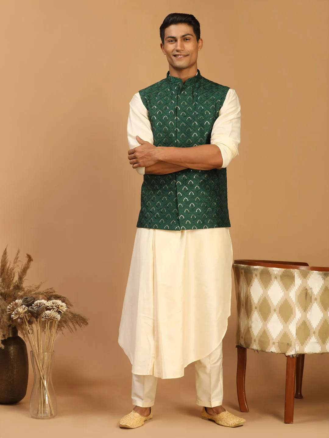 Vastramay Men's Green Embellished Jacket And Cream Pleated Kurta Pant Set