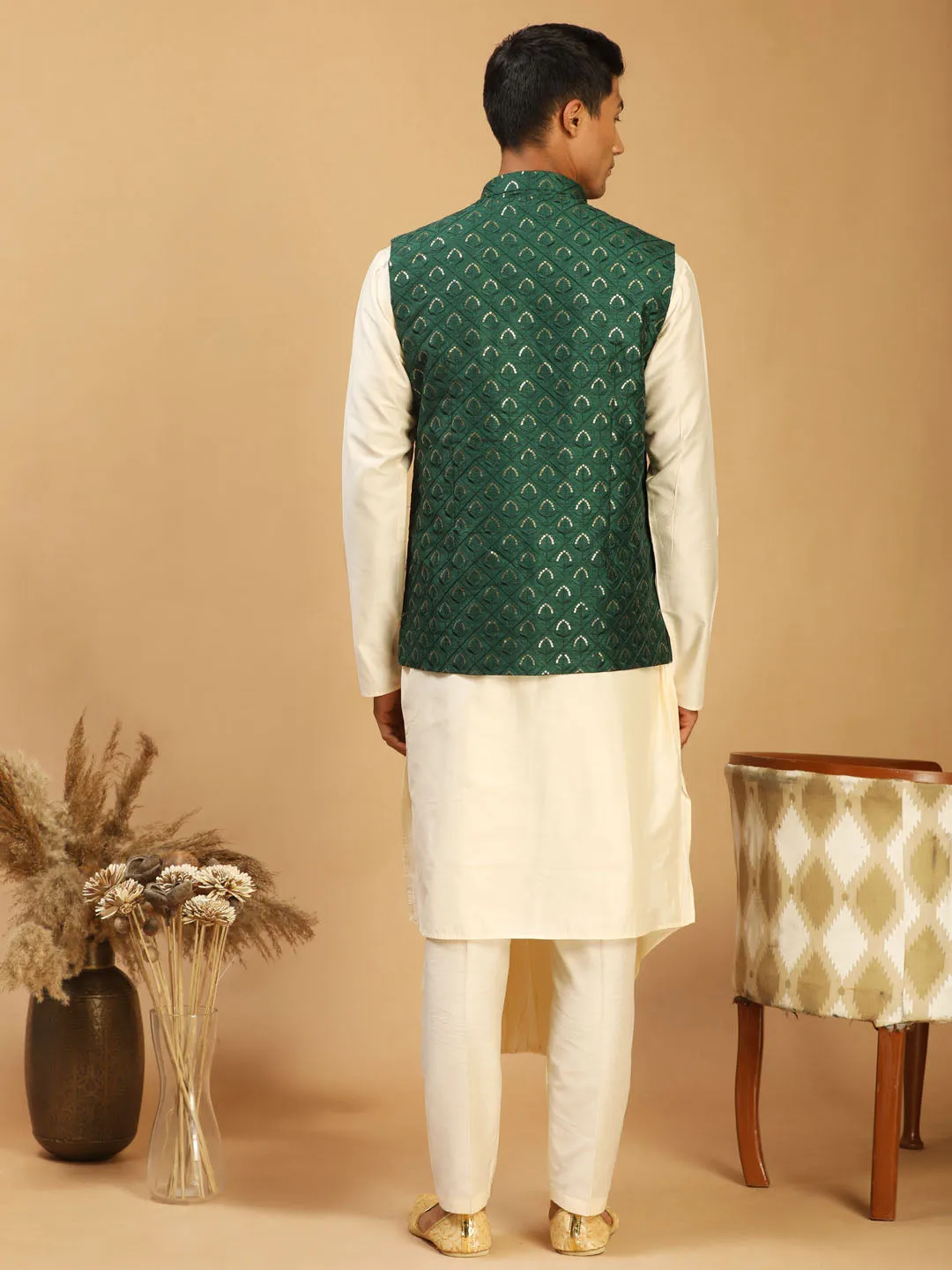 Vastramay Men's Green Embellished Jacket And Cream Pleated Kurta Pant Set