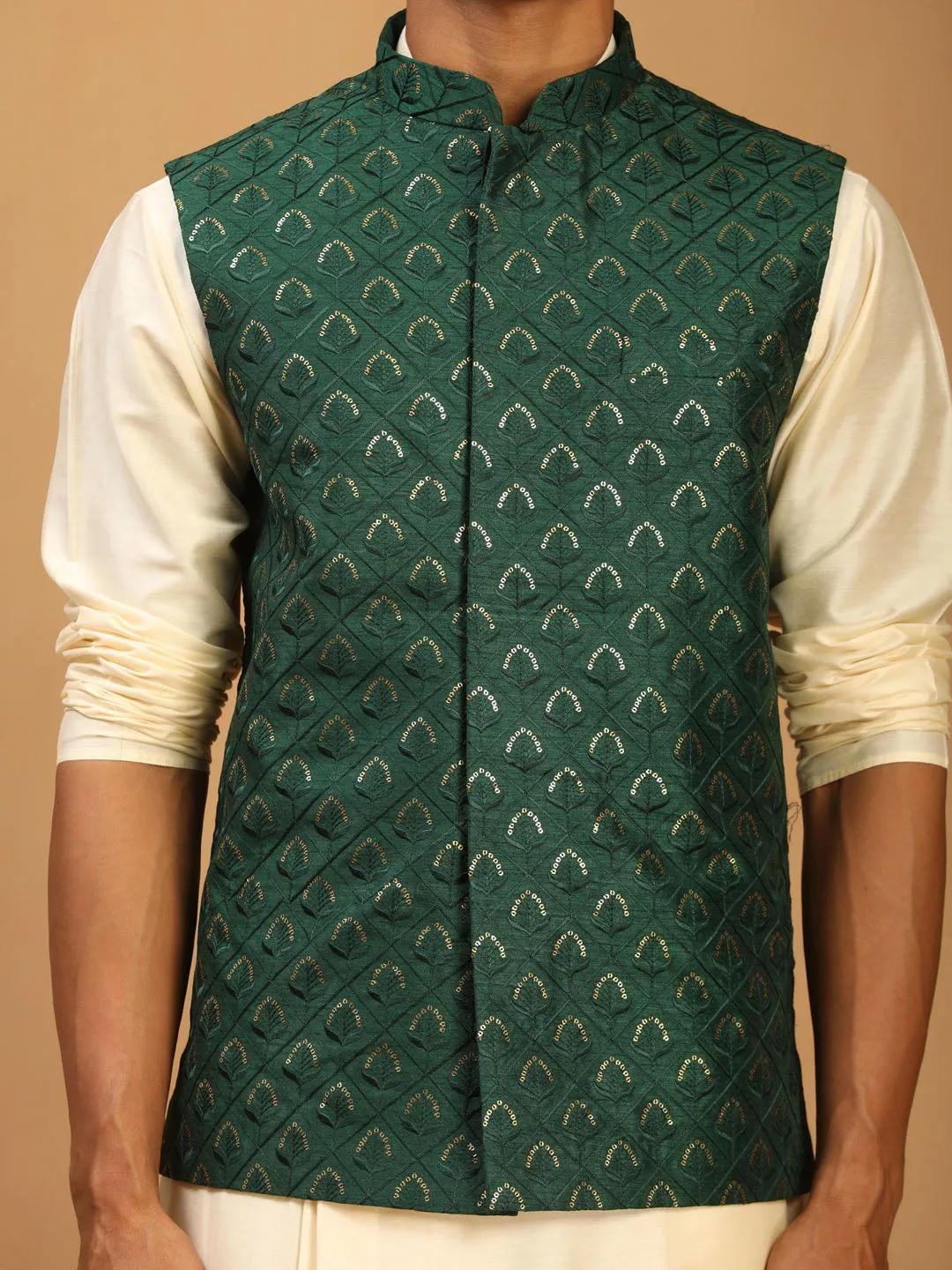 Vastramay Men's Green Embellished Jacket And Cream Pleated Kurta Pant Set