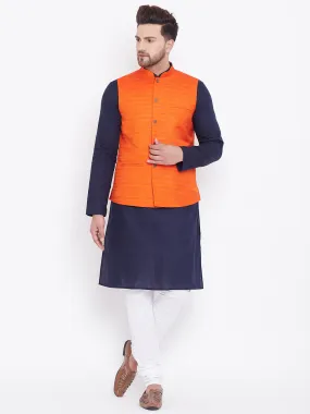 VASTRAMAY Men's Orange, Navy Blue And White Cotton Blend Jacket, Kurta and Pyjama Set