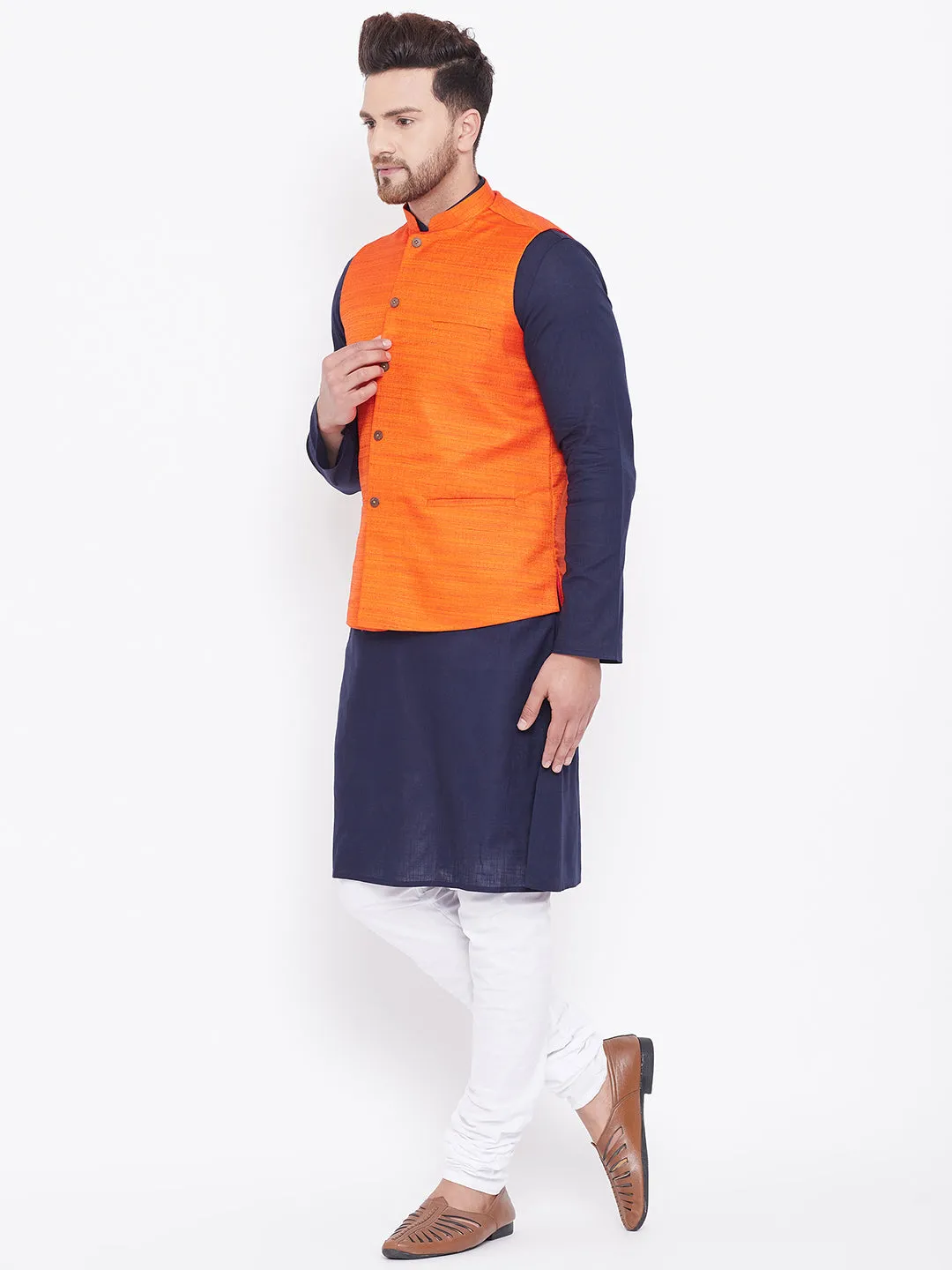 VASTRAMAY Men's Orange, Navy Blue And White Cotton Blend Jacket, Kurta and Pyjama Set