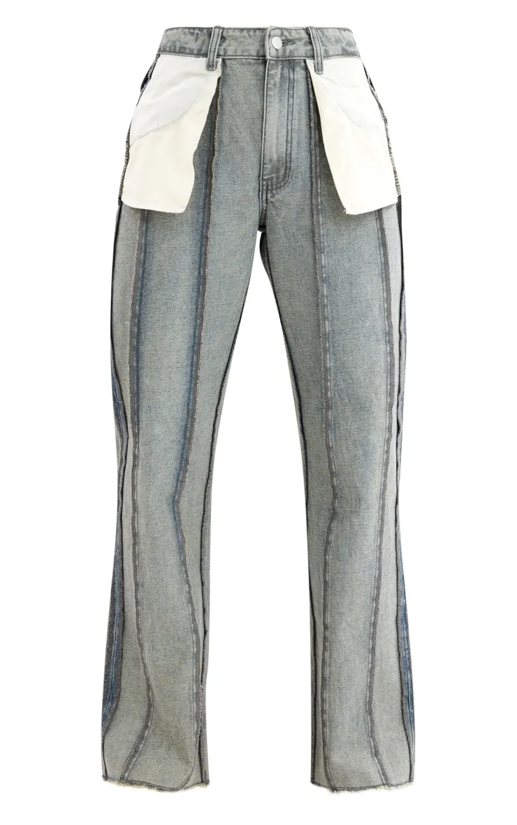 Washed Grey Inside Out Look Wide Leg Jeans