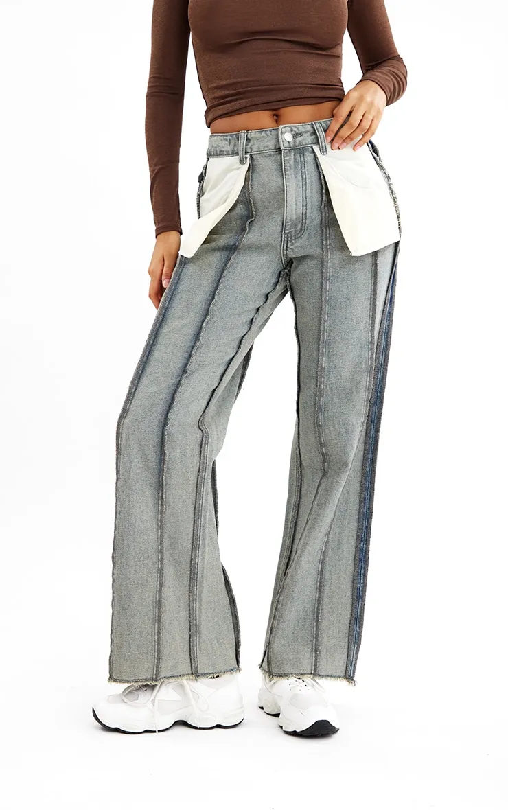 Washed Grey Inside Out Look Wide Leg Jeans