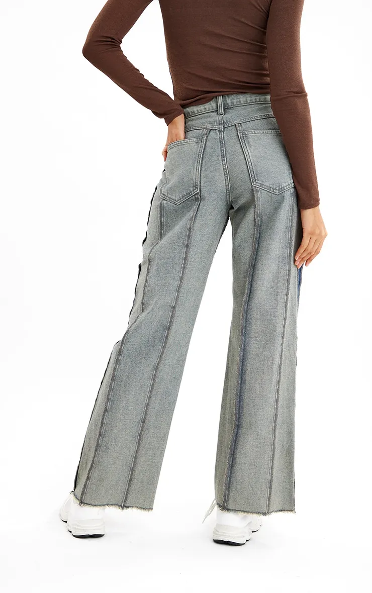 Washed Grey Inside Out Look Wide Leg Jeans