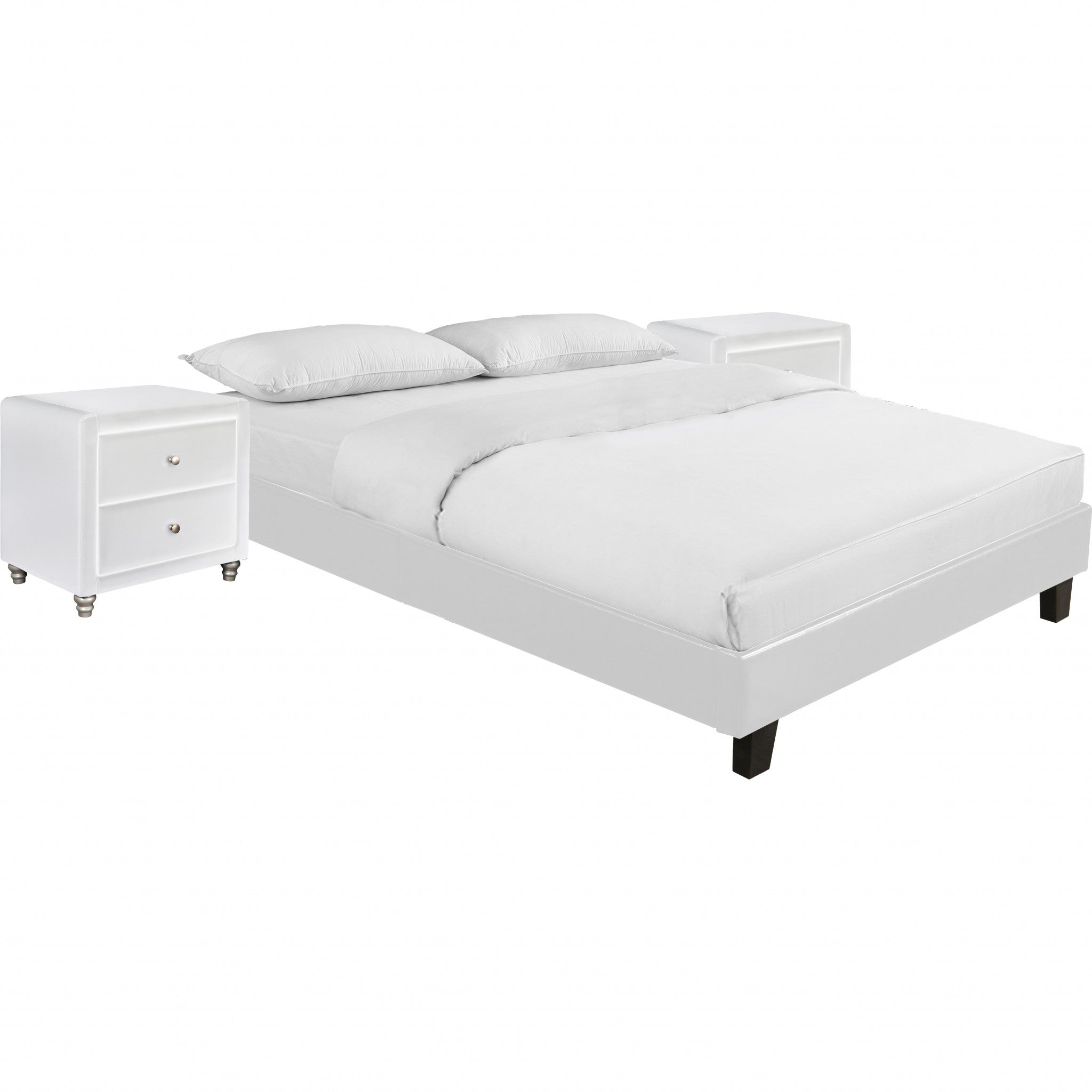 White Platform Queen Bed with Two Nightstands