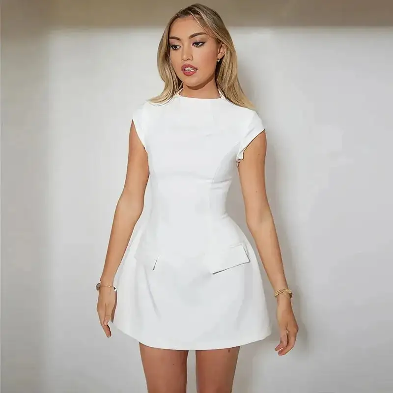 Women Elegant Slim Solid Pockets Mini Dress Fashion O-neck Short Sleeve A-line Dresses