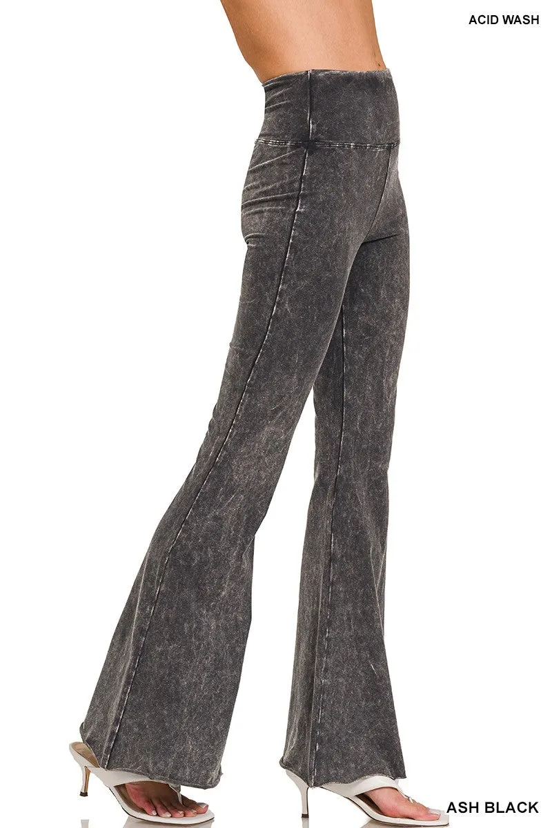 Zenana Acid Washed High Waist Raw Hem Boot Cut Pant CPW-3197D4 Ash Black